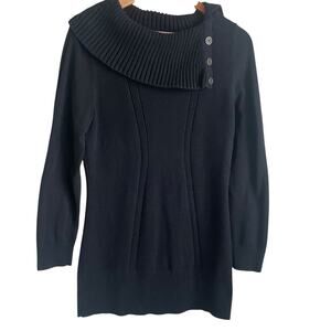 Style & Co Women Tunic Sweater L Black Shawl Button Collar Ribbed Classic Office